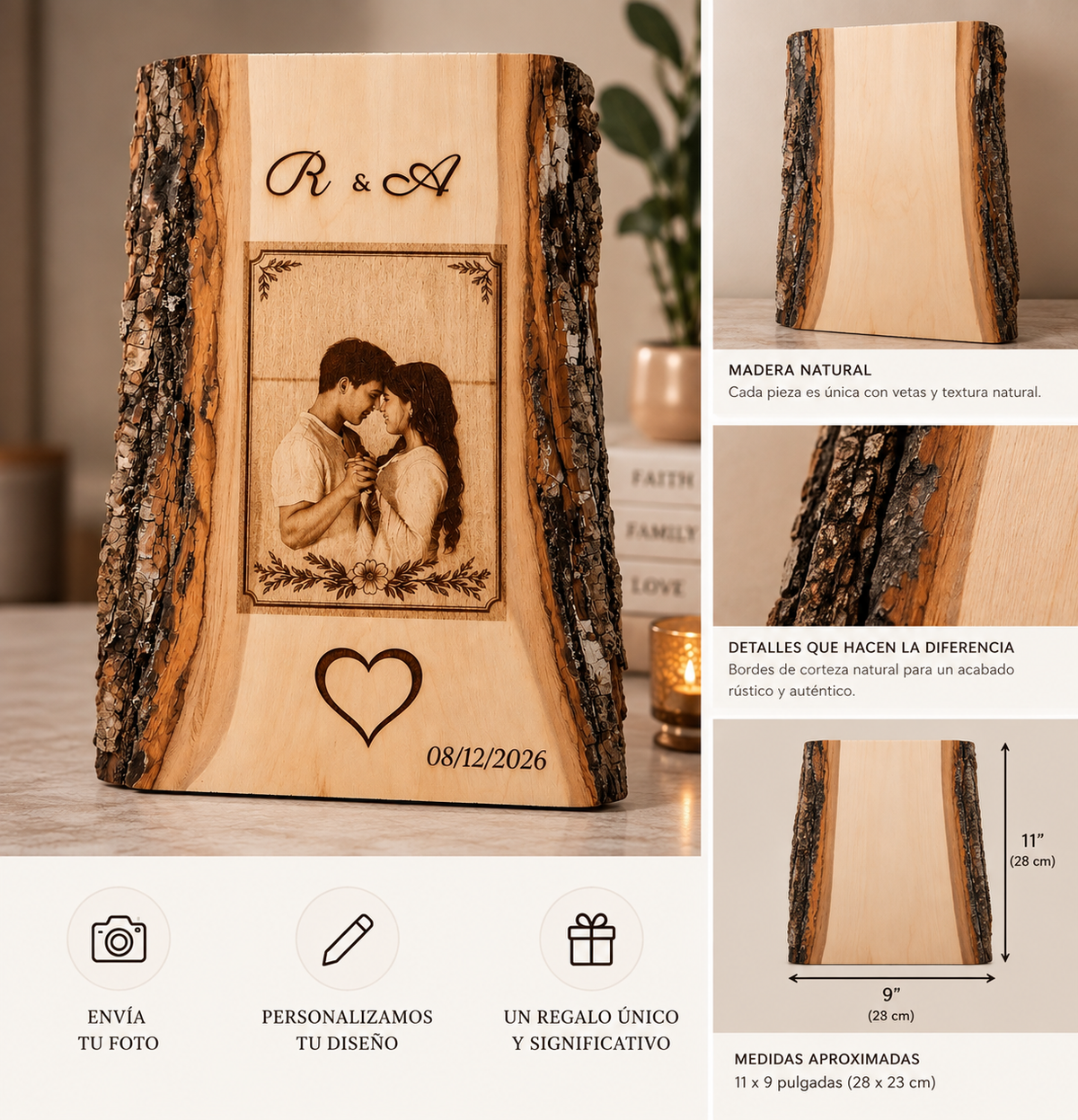 Retrato personalizado en madera natural, ejemplo de personalización, madera natural y medidas aproximadas 11 x 9 pulgadas