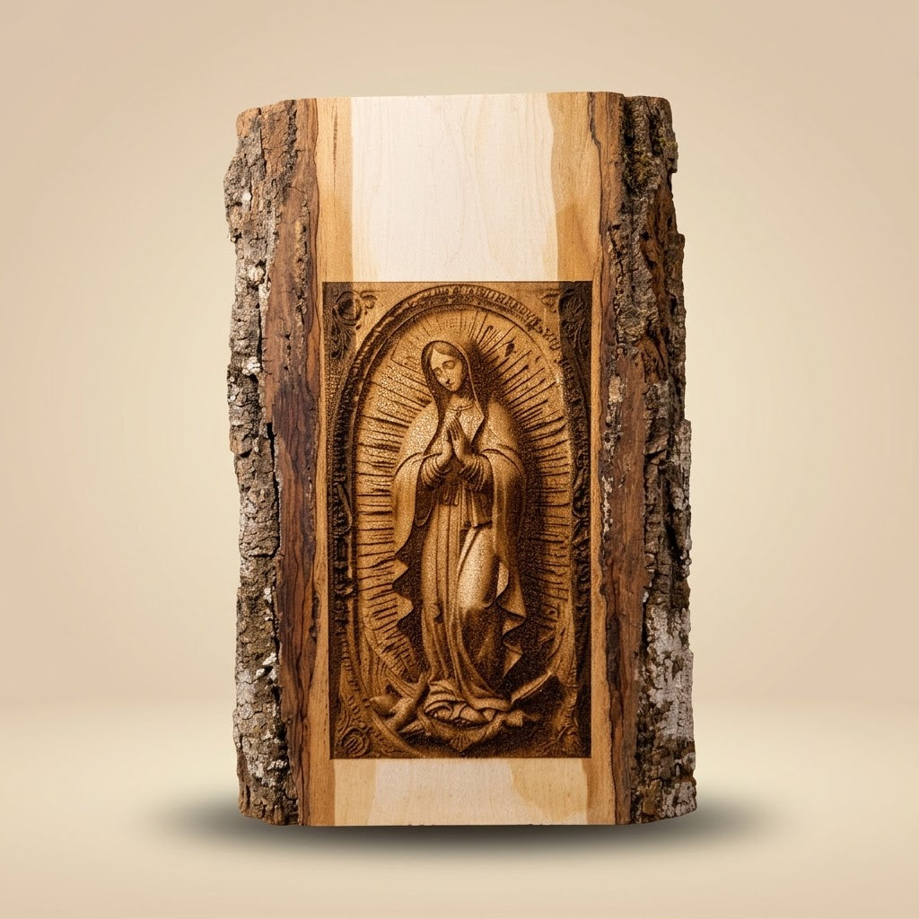 Virgen de Guadalupe grabada a láser en madera natural con borde rústico