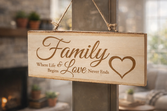 👉 Letrero de Madera “Family – Where Life Begins & Love Never Ends”