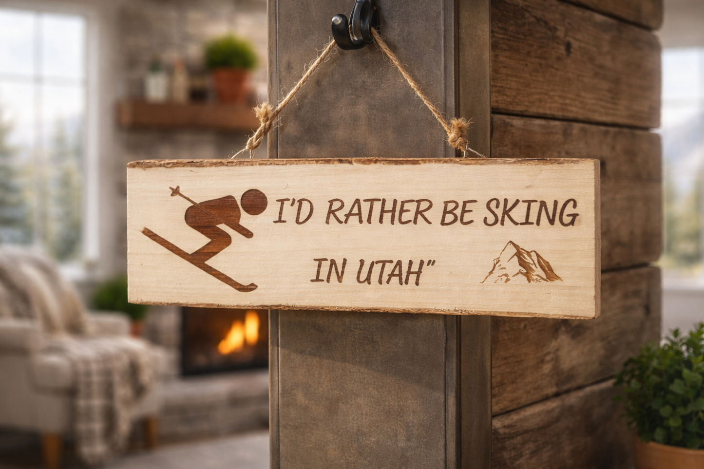 Wooden Sign “I’d Rather Be Skiing in Utah” – Rustic Cabin Decor