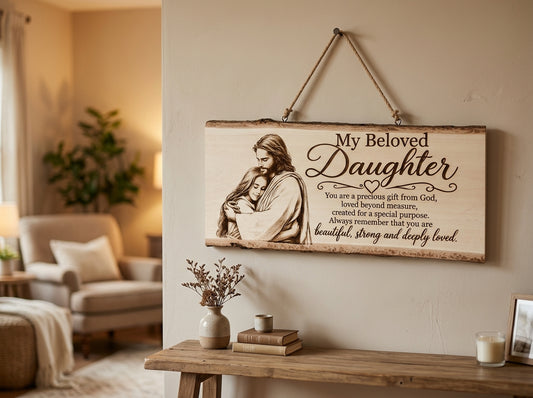 My Beloved Daughter wall sign displayed hanging in a living room - styled image