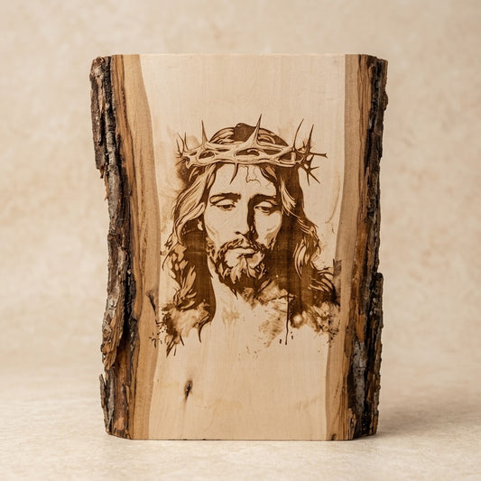 Jesús con corona de espinas grabado a láser en madera natural